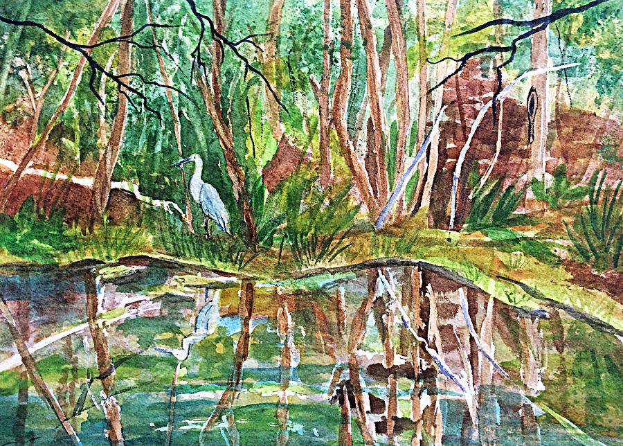 Great Blue Heron Pond Reflections  Painting by Ellen Levinson