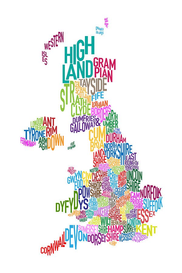 Great Britain County Text Map Digital Art by Michael Tompsett