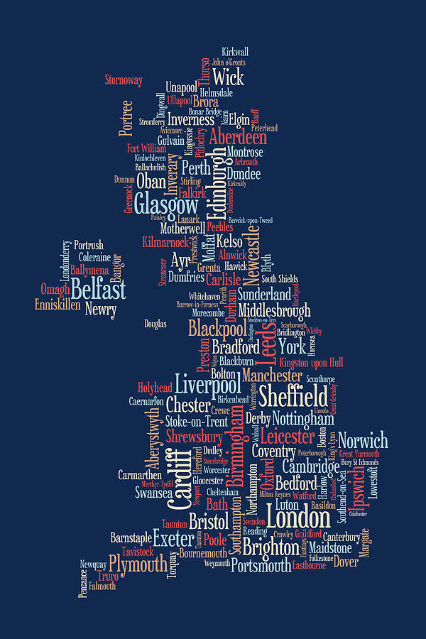 United Kingdom Digital Art - Great Britain UK City text Map by Michael Tompsett