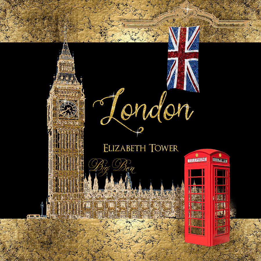 Great Cities London - Big Ben British Phone booth Painting by Audrey Jeanne Roberts