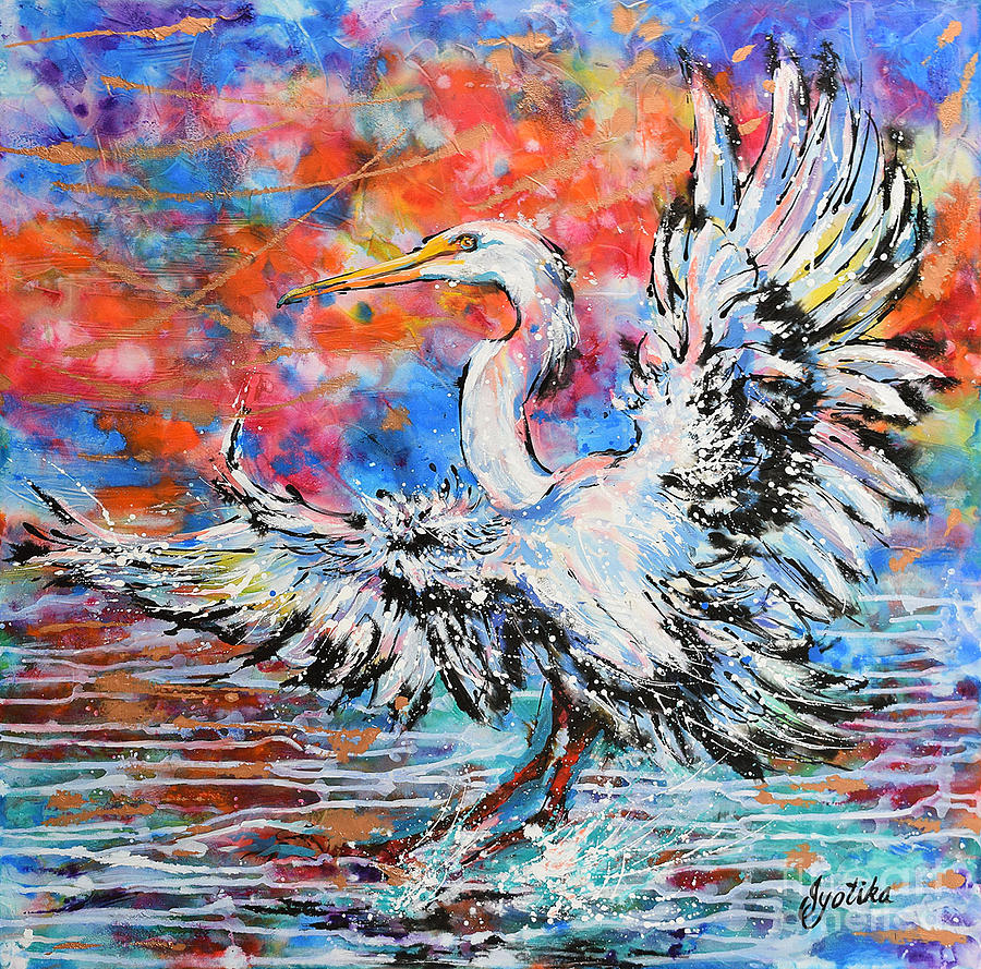 Great Egret Sunset Glory  Painting by Jyotika Shroff