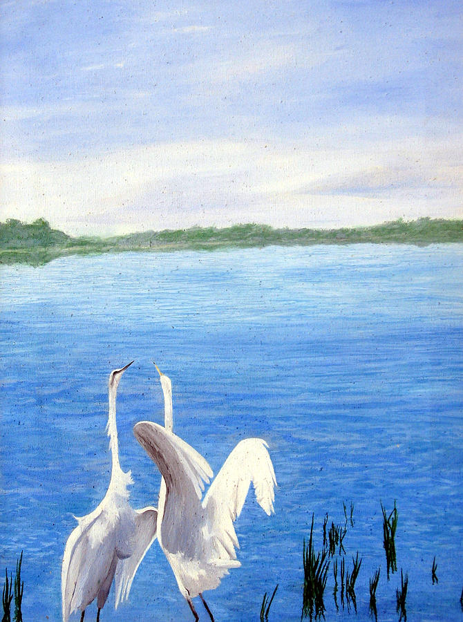 Wildlife Painting - Great Egrets by Lauretta Cole Larsen