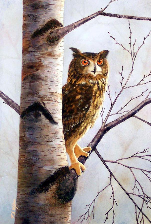 Great Horned Owl In Birch Painting by Frank Wilson