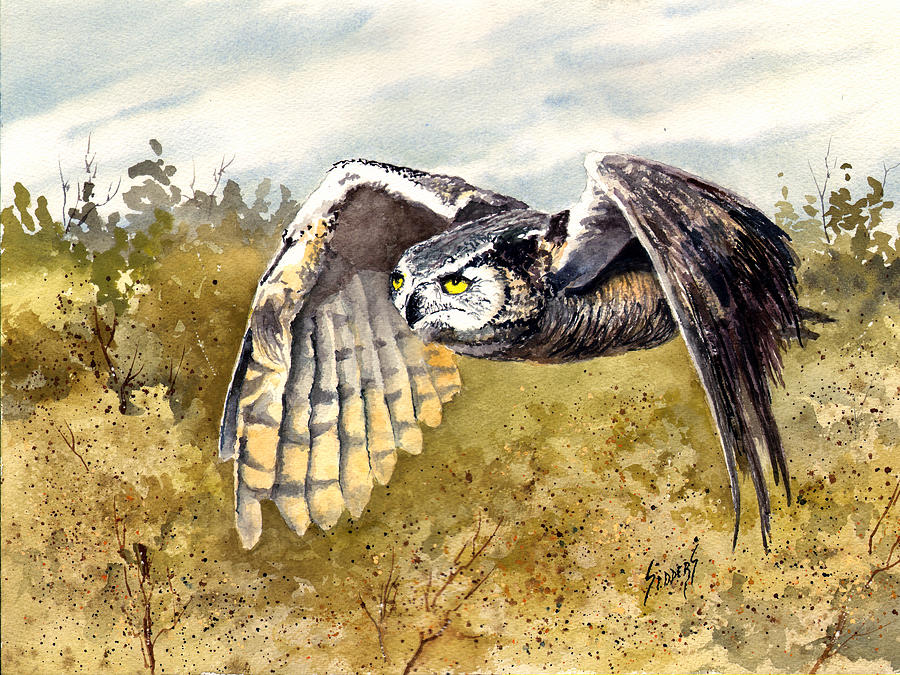 Great Horned Owl in Flight Painting by Sam Sidders