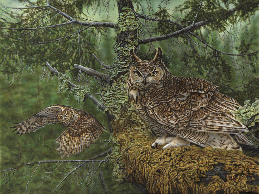 Great Horned Owls Painting by Wayne Pruse