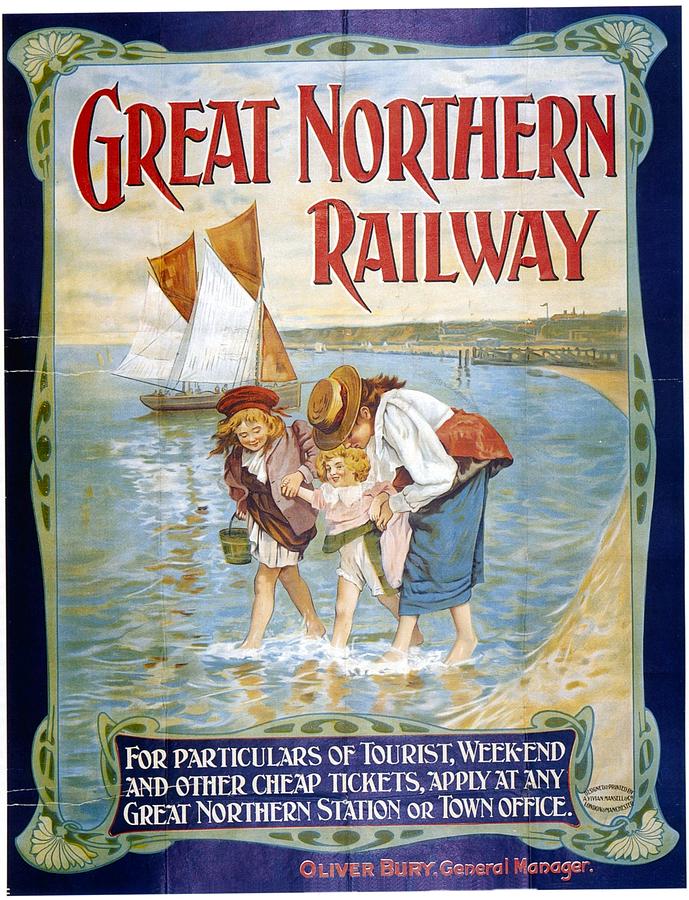 Great Northern Railway - Woman With Kids in Beach - Retro travel Poster - Vintage Poster Mixed Media by Studio Grafiikka