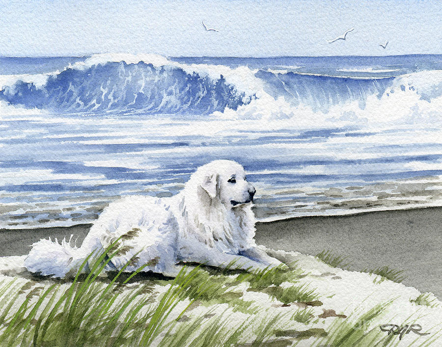 Great Pyrenees at the Beach Painting by David Rogers