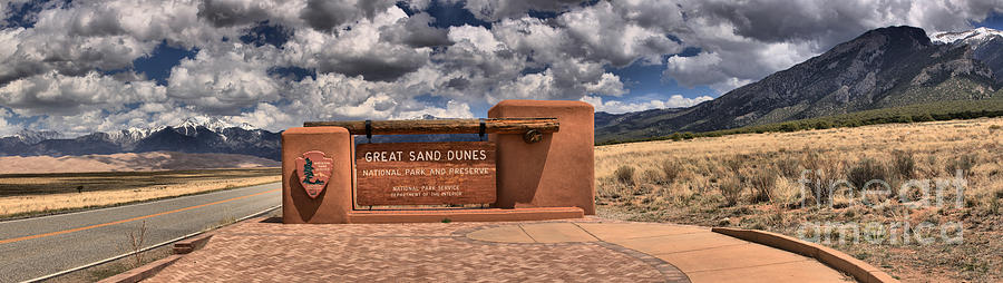 Great Sand Dunes Welcome Sign Panorama Photograph by Adam Jewell