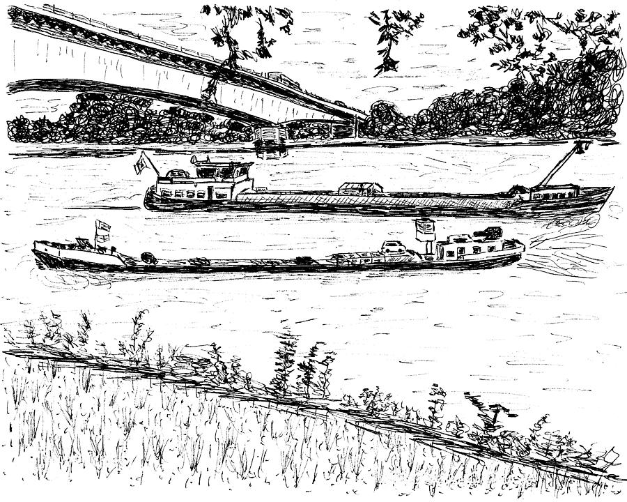 Great Ships and River Barges on the Rhine Drawing by Ben Bohnsack