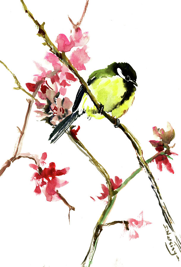 Great Tit and Spring Blossom Painting by Suren Nersisyan