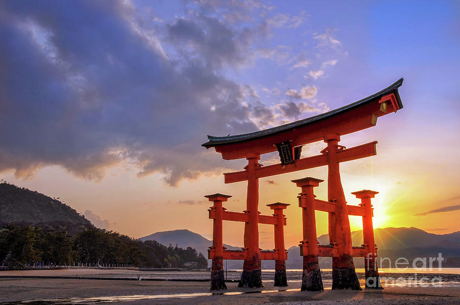 Great torii of Miyajima at sunset Photograph by Delphimages Photo Creations