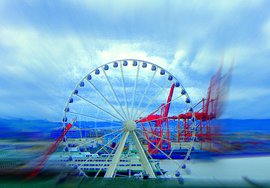 Seattle Digital Art - Great Wheel and Ferry by Maro Kentros
