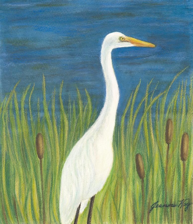 Great White Egret by Pond Painting by Jeanne Juhos