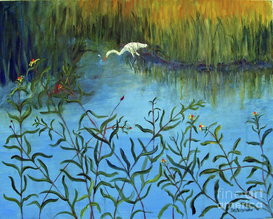 Egret Painting - Great White Egret Fishing by Doris Blessington
