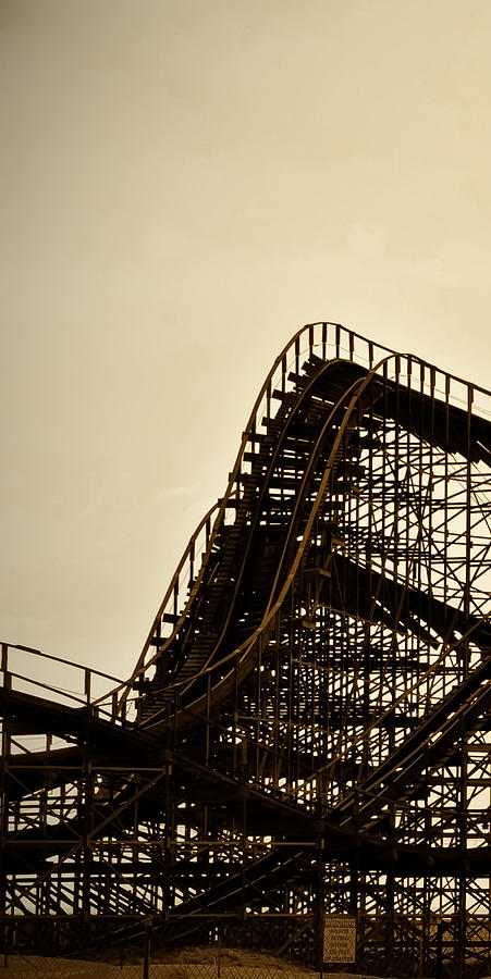 Great White Roller Coaster - Adventure Pier Wildwood NJ in Sepia Triptych 1 Photograph by Bill Cannon