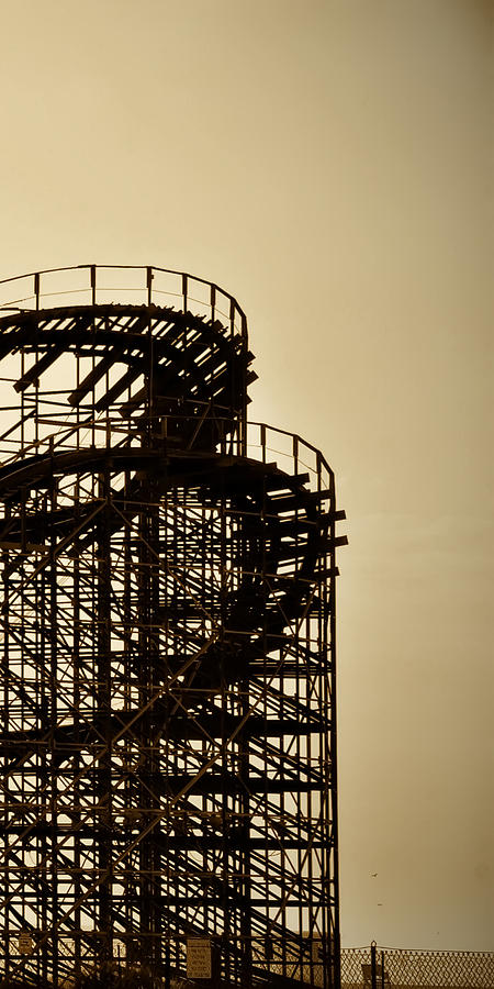 Great White Roller Coaster - Adventure Pier Wildwood NJ in Sepia Triptych 3 Photograph by Bill Cannon