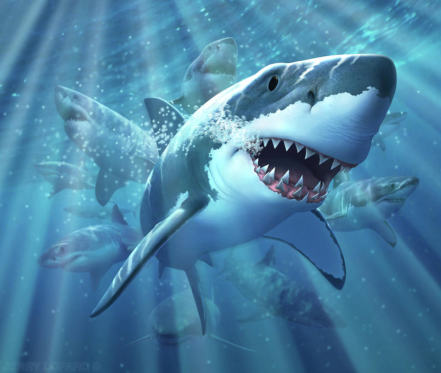 Jaws Digital Art - Great White Shark by Jerry LoFaro