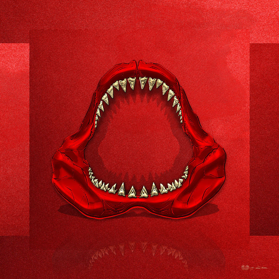 Great White Shark - Red Jaws with Gold Teeth on Red Canvas Digital Art by Serge Averbukh