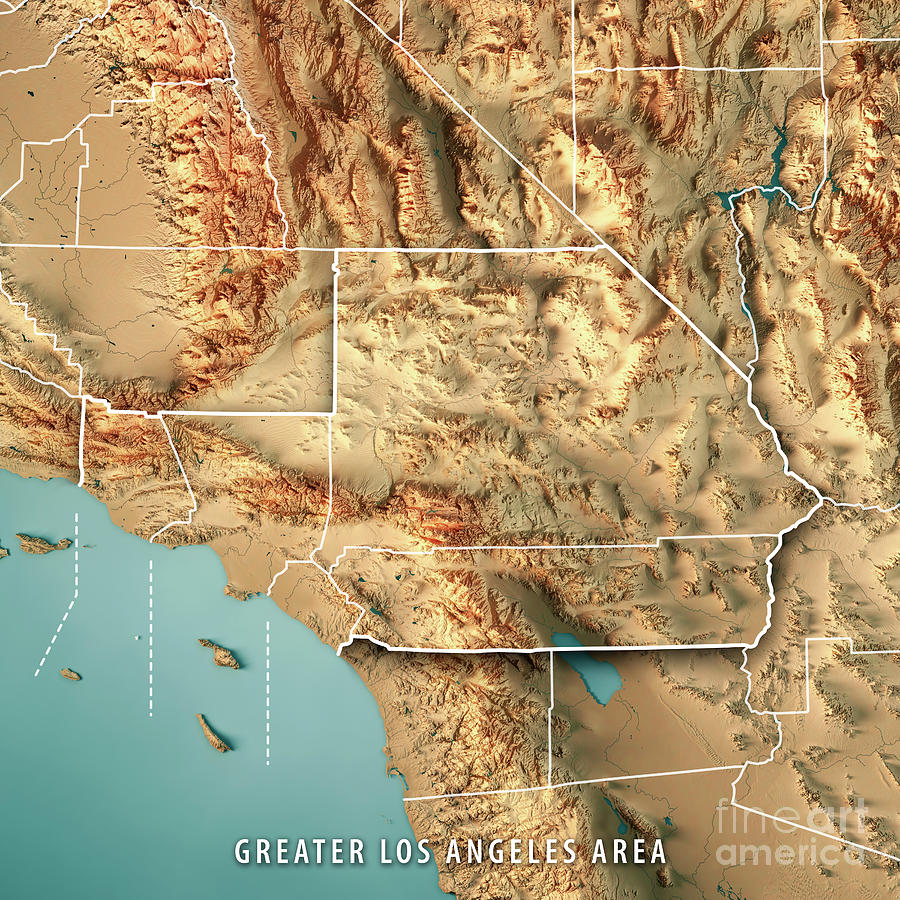 Greater Los Angeles Area Usa 3d Render Topographic Map Border