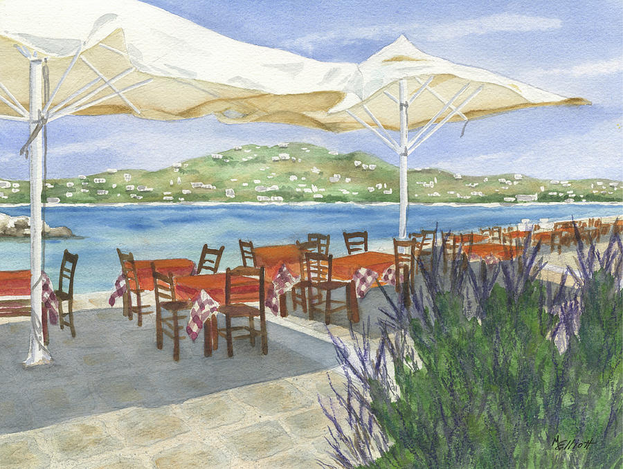 Umbrella Painting - Grecian Seaside Cafe by Marsha Elliott