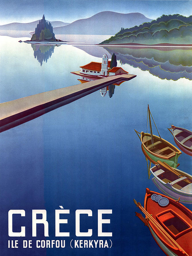 Vintage Painting - Greece, Corfu, isle, fishing boats by Long Shot