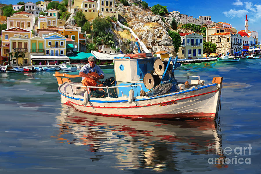 Greece Fisherman Painting by Tim Gilliland