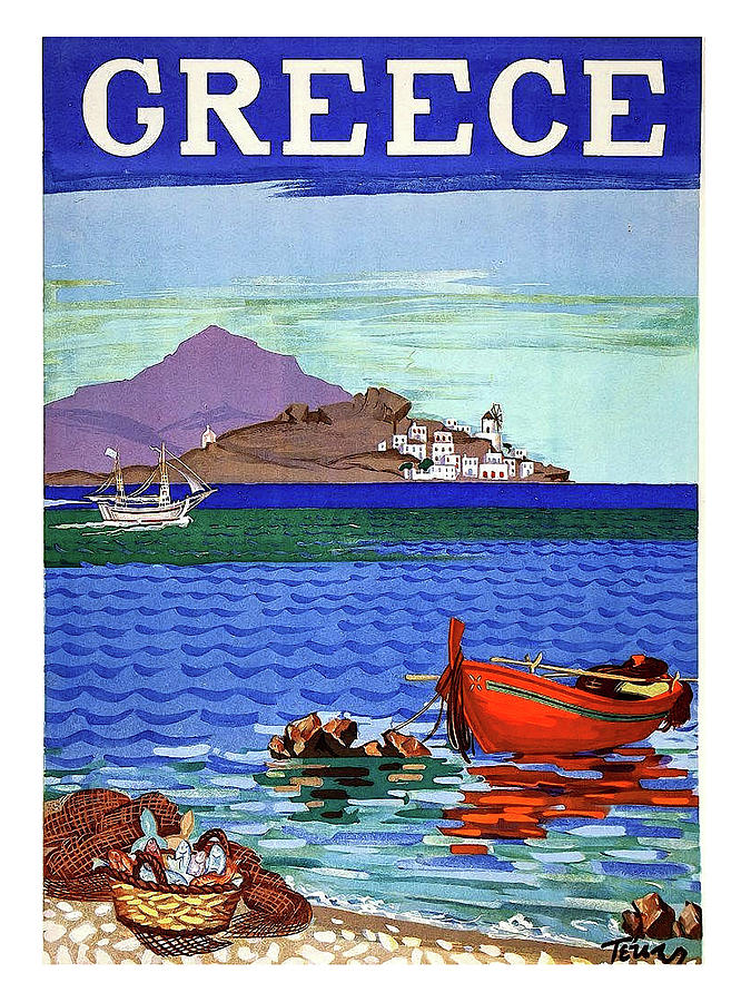 Vintage Painting - Greece, Mediterranean coast, fishing boat by Long Shot