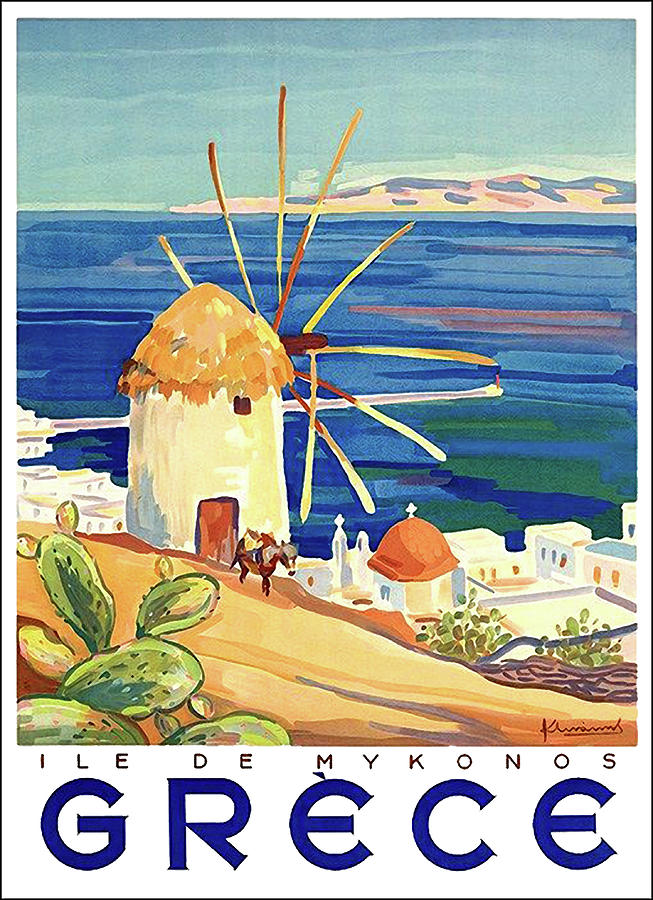 Vintage Painting - Greece, Mediterranean sea, windmill on the Mykonos coast by Long Shot