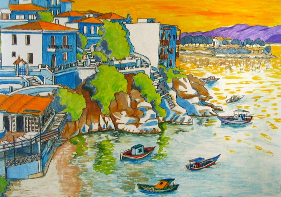 Boat Painting - Greece Skiathos Plakes by Yvonne Ayoub