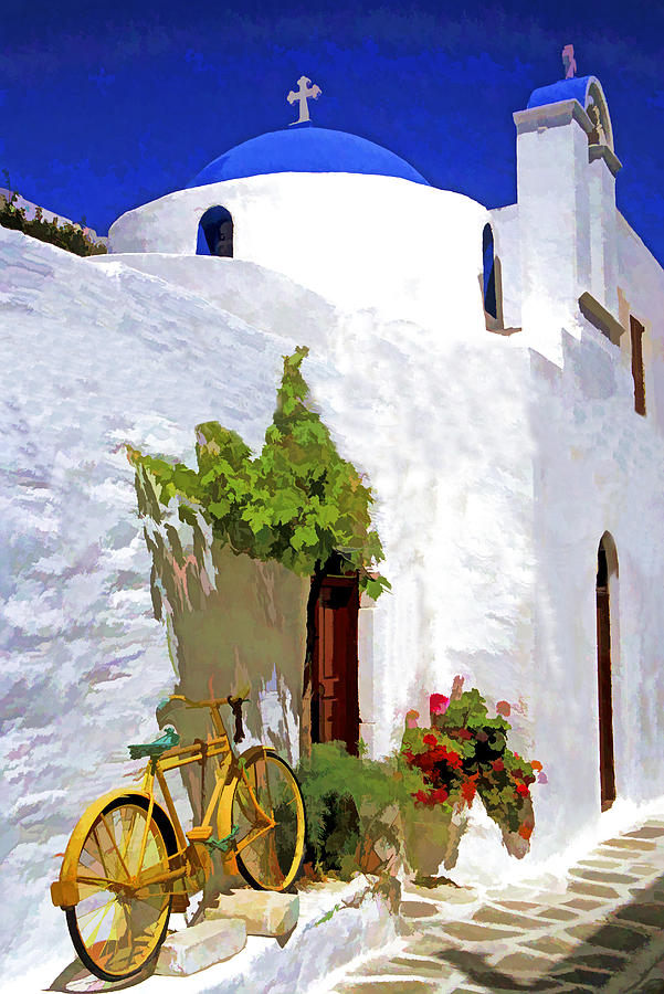 Greek Church with Bike Photograph by Dennis Cox