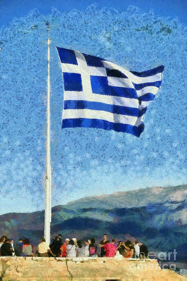 Greek flag in Acropolis of Athens Painting by George Atsametakis