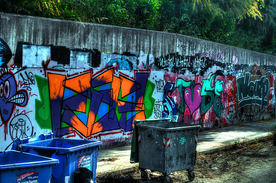 Greek Graffiti With Garbage Bins Photograph by Richard Ortolano