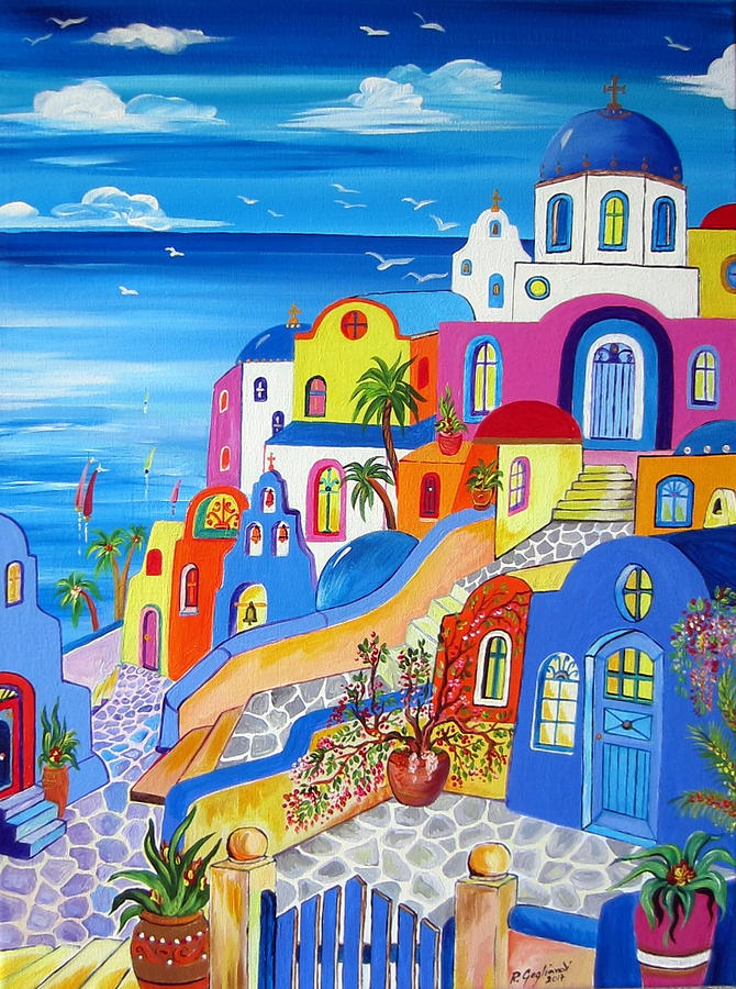 Greek Islands Fantasy Village Santorini Painting by Roberto Gagliardi