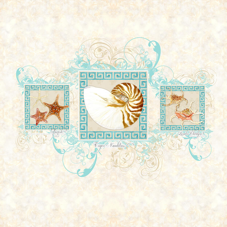 Greek Key Nautilus Starfish n Conch Shells Painting by Audrey Jeanne Roberts