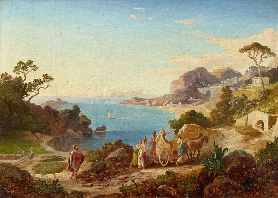 Greek Landscape with Odysseus and Nausicaa Painting by Heinrich Gaertner