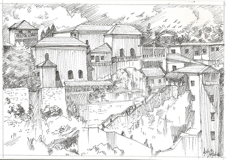 Greek Village Drawing by Asha Sudhaker Shenoy