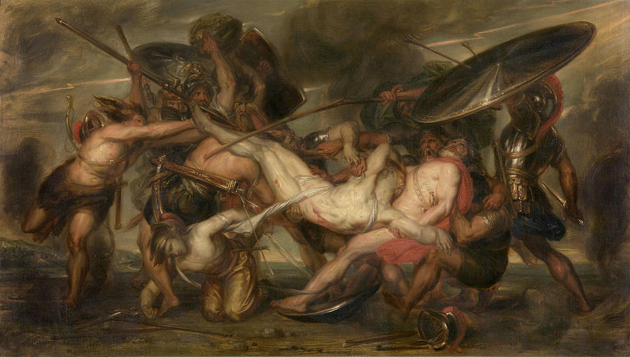 Greeks Painting - Greeks and Trojans Fighting over the Body of Patroclus by Antoine Wiertz