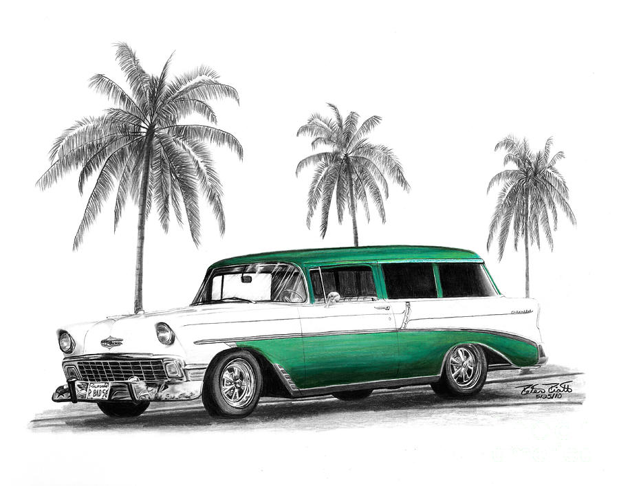 Transportation Drawing - Green 56 Chevy Wagon by Peter Piatt