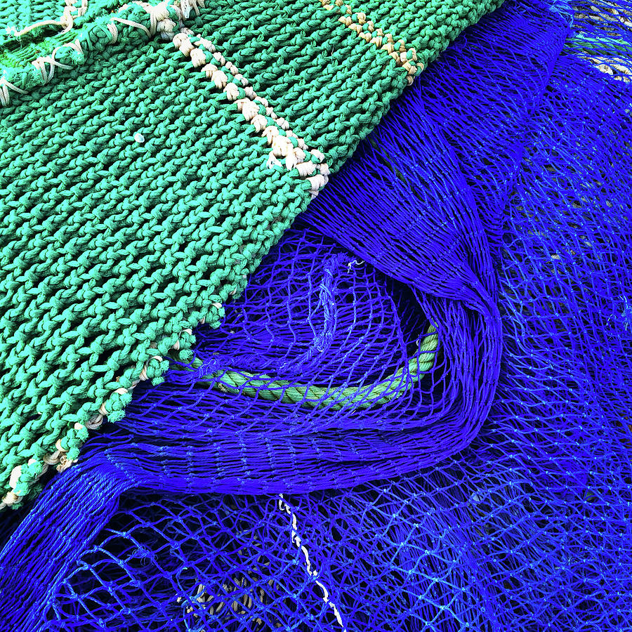 Rope Photograph - Green and blue fishing nets by GoodMood Art