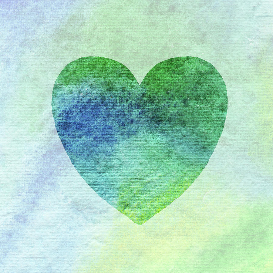 Green And Blue Heart Watercolor Silhouette  Painting by Irina Sztukowski