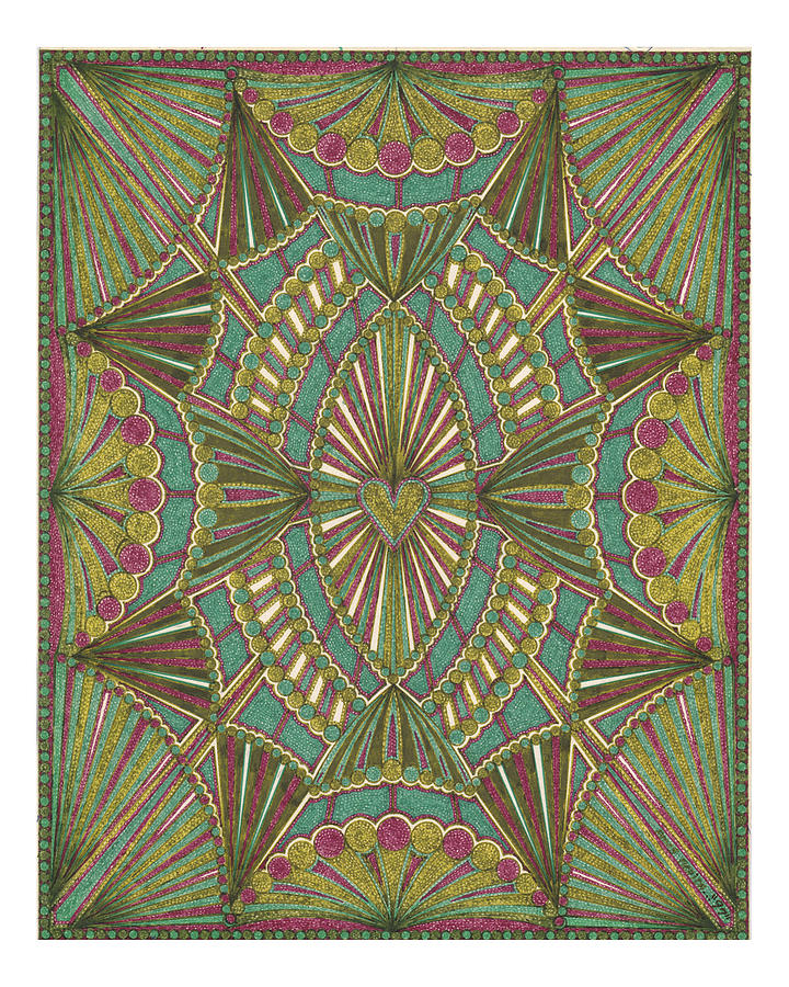 Pattern Drawing - Green and Burgundy Design with Heart by Amos Beaida