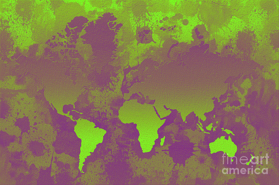 Green and Purple World Map Digital Art by Zaira Dzhaubaeva