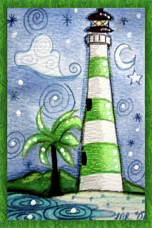 Green and White Tropical Lighthouse Painting by Monica Resinger