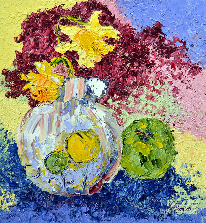 Flower Painting - Green Apple and Daffodils by Lynda Cookson