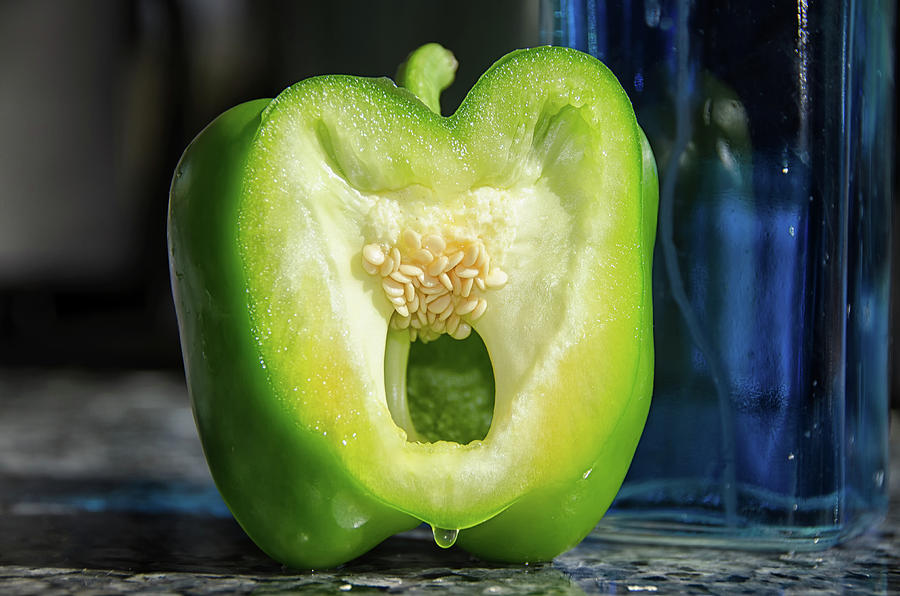 Green bell pepper and blue Photograph by Debra Baldwin