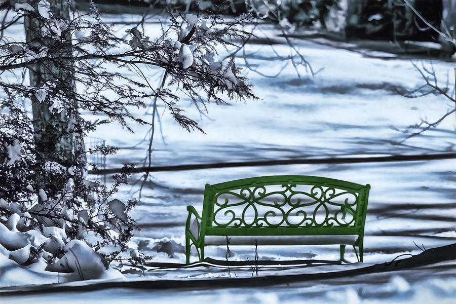 Green Bench at the Edge of a Frozen Pond Digital Art by John Haldane