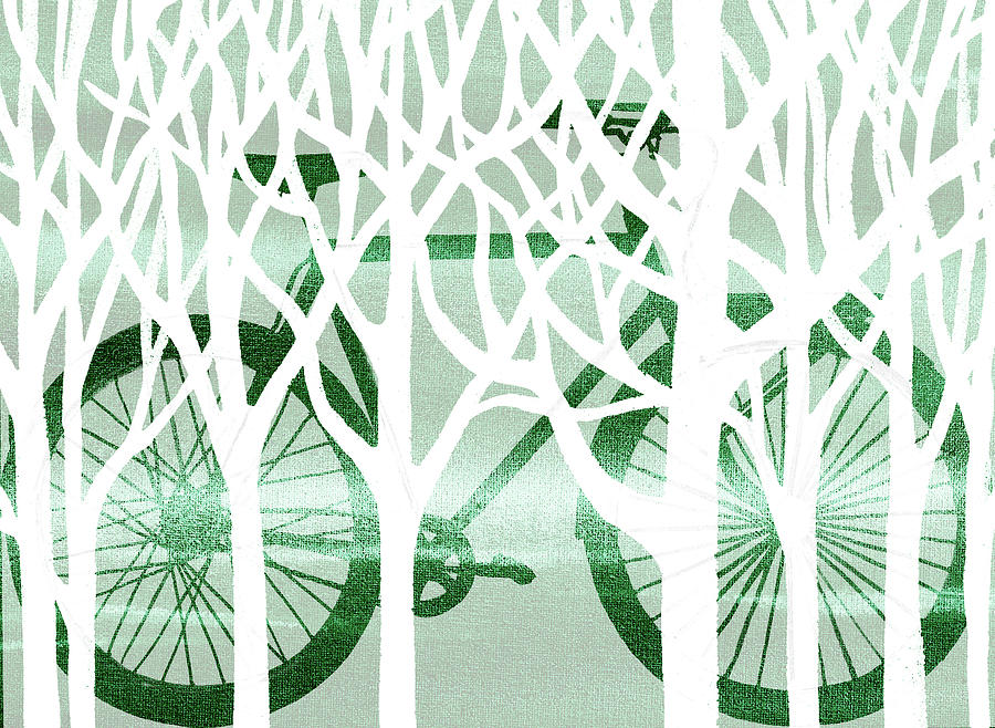 Green Bicycle White Forest Silhouette Painting by Irina Sztukowski
