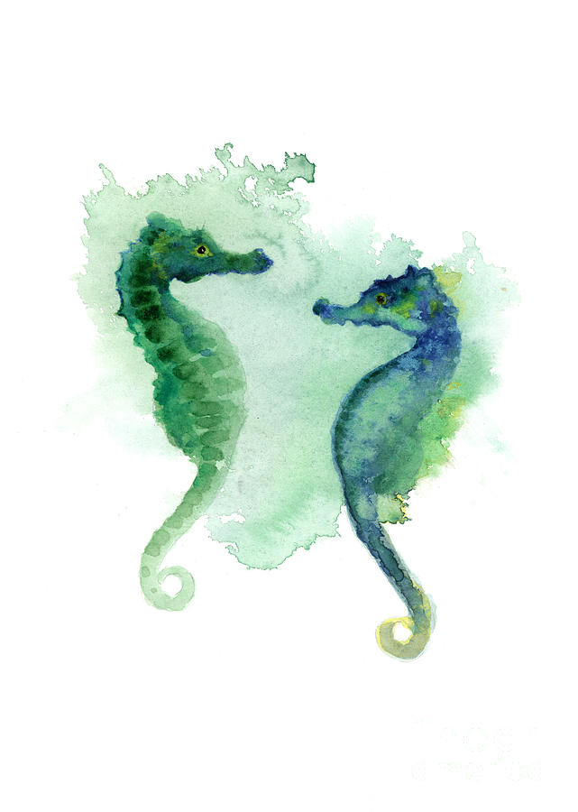 Seahorse Painting - Green blue seahorses watercolor art print by Joanna Szmerdt