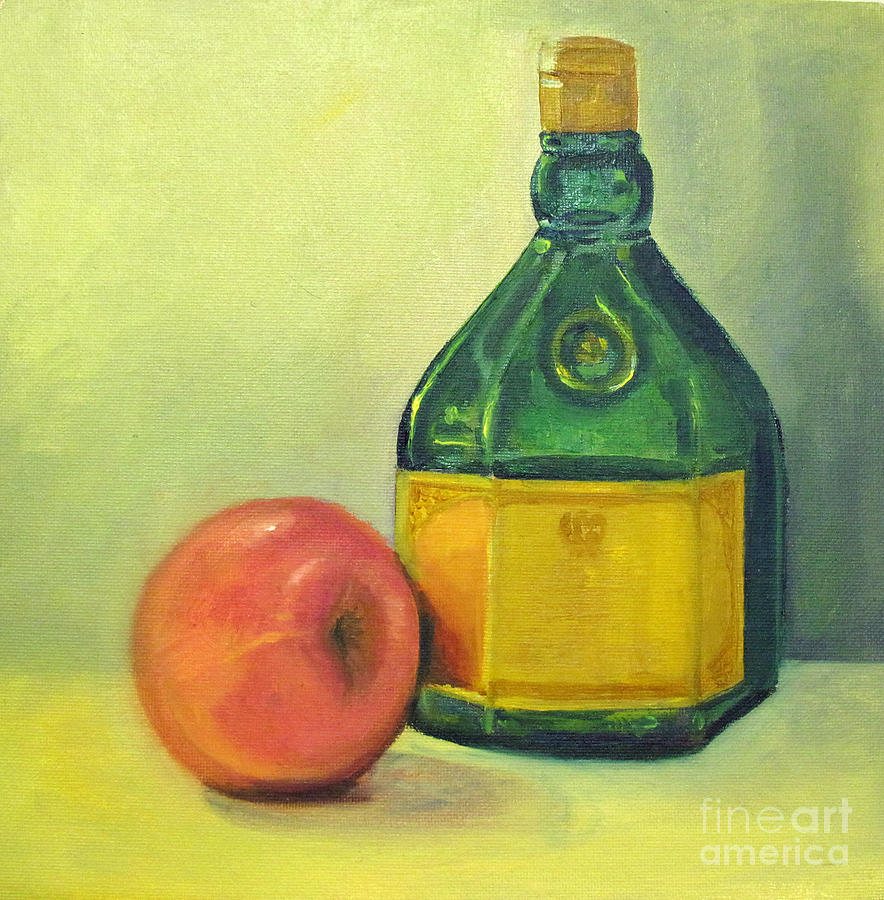 Green bottle and apple Painting by Asha Sudhaker Shenoy