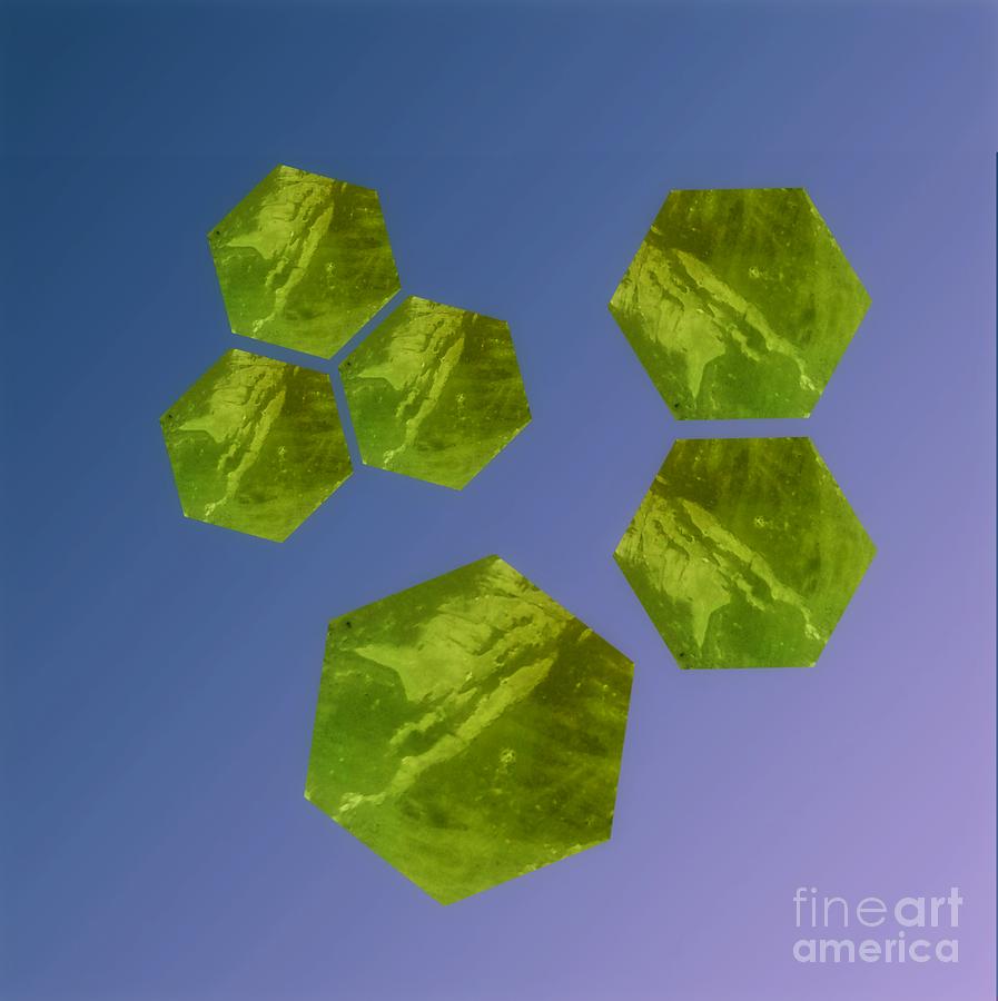 Green Calcite Hexagons On Blue-Violet Mixed Media by Rachel Hannah